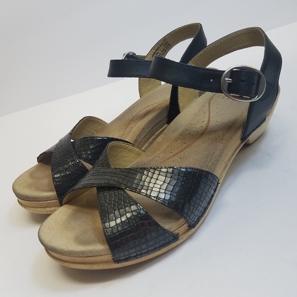 Dansko Leather Sandals Black Wood Sole Sz 7 - Picture 2 of 8
